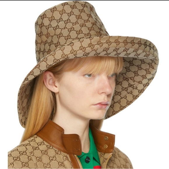 Gucci GG Monogram Bucket Hat Large Wide Brim Tan Beige Canvas Beach Logo Design - Picture 6 of 15